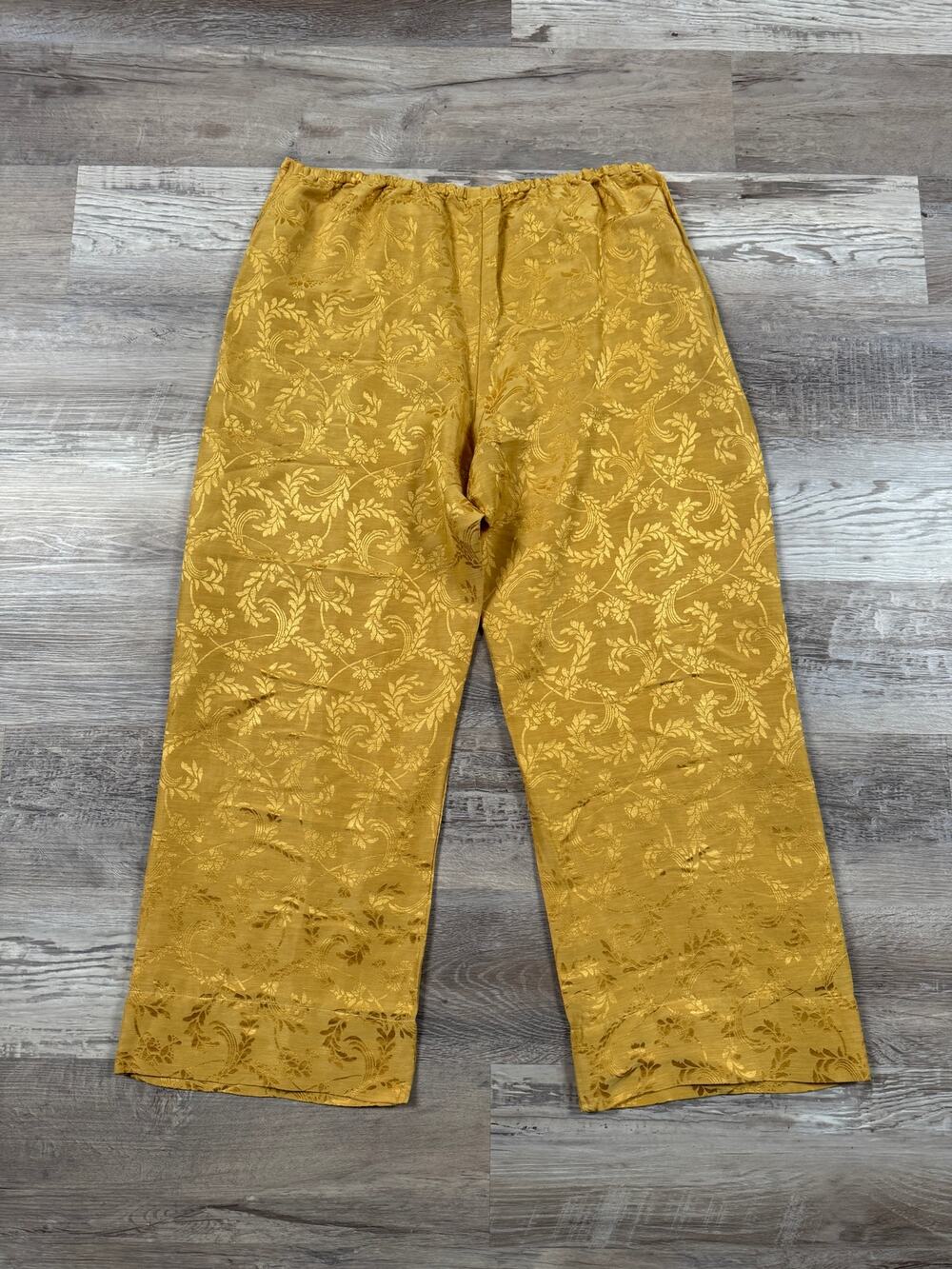 Vintage 90s Silk Linen Jacquard Wide Leg Pants Gold Floral Boho Art to Wear L
